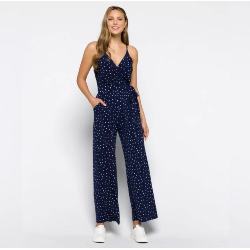 Kaileigh Navy White polka dot Pant One Piece Jumpsuit Size Small